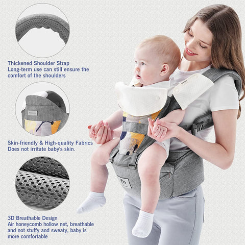 Baby Carrier, Bellababy Multifunction Baby Carrier Hip Seat (Ergonomic M Position) for 3-36 Month Baby, 6-in-1 Ways to Carry, All Seasons, Adjustable Size, Perfect for Shopping Travelling, Grey
